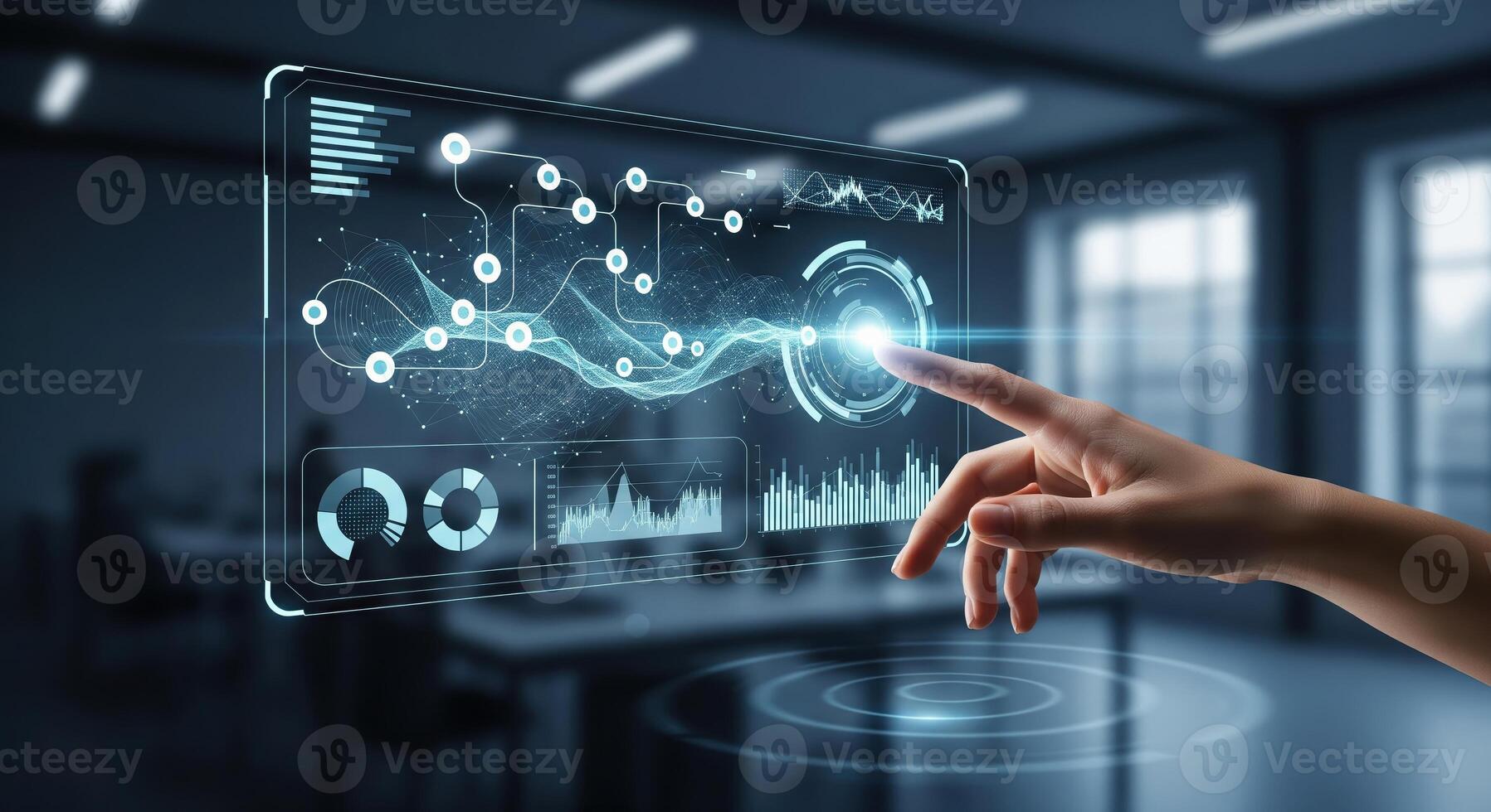 Futuristic Interface Hand Interacting with Data Visualization. photo