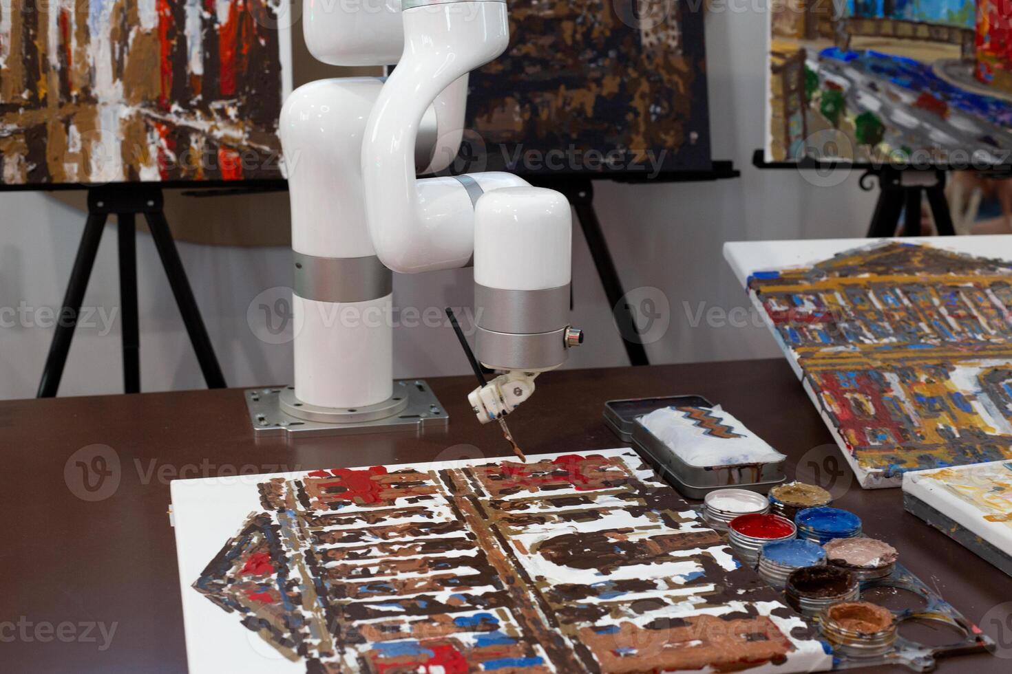 Robotic arm creating painting, symbol of artificial intelligence entering the world of art. Fusion of creativity, innovation and future technology in artistic expression photo