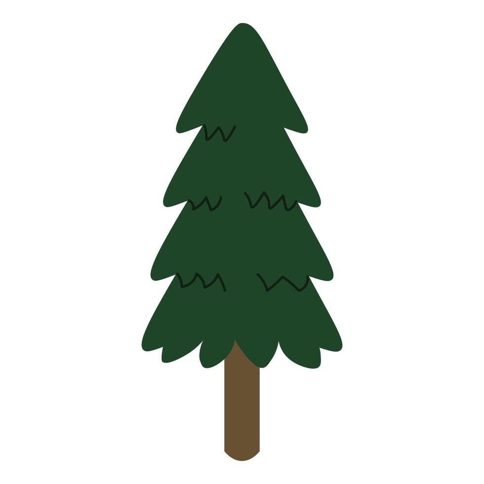 Flat style illustration of a dark evergreen tree with layered pointed branches and a brown trunk, perfect for seasonal designs, forest elements, and holiday-themed artwork vector
