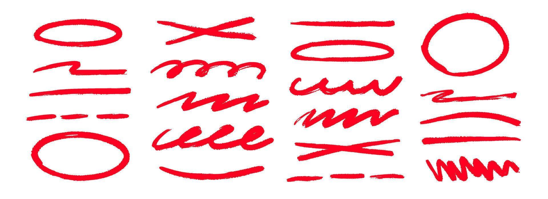 Red hand drawn doodle shapes and lines set. Sketched geometric frames and stripes collection. Zig zag and wavy scribble border pack. Red marker note signs for mark, emphasis, accent, highlight. vector