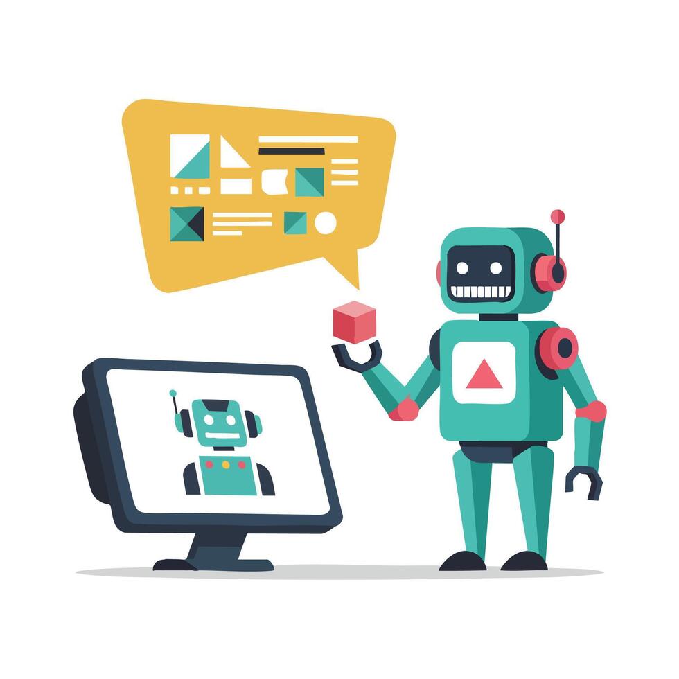 Cute Robot Character Using a Computer for AI Development. vector
