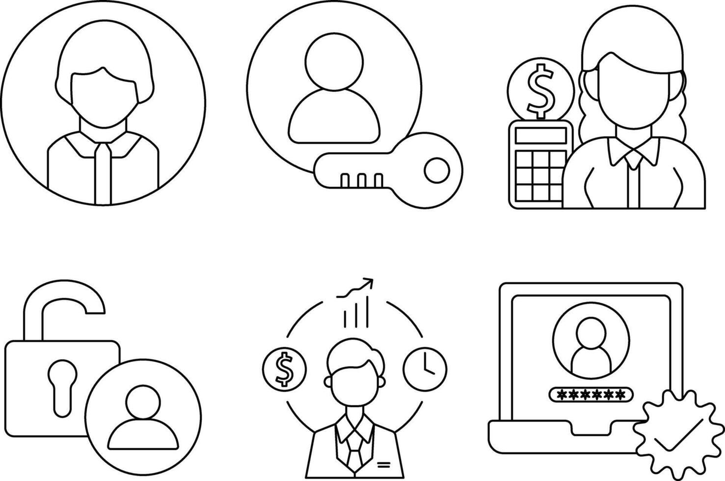 User account line editable icon set featuring profile, login, finance, unlock, business management, and account security. Easy to customize. vector