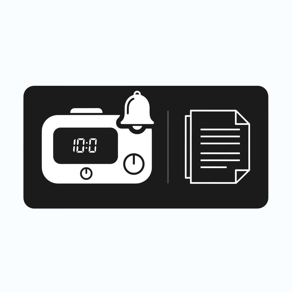Black and White Digital Alarm Clock Icon with Bell and Document Icon on Black Rectangle Background Showing 1000 Time vector