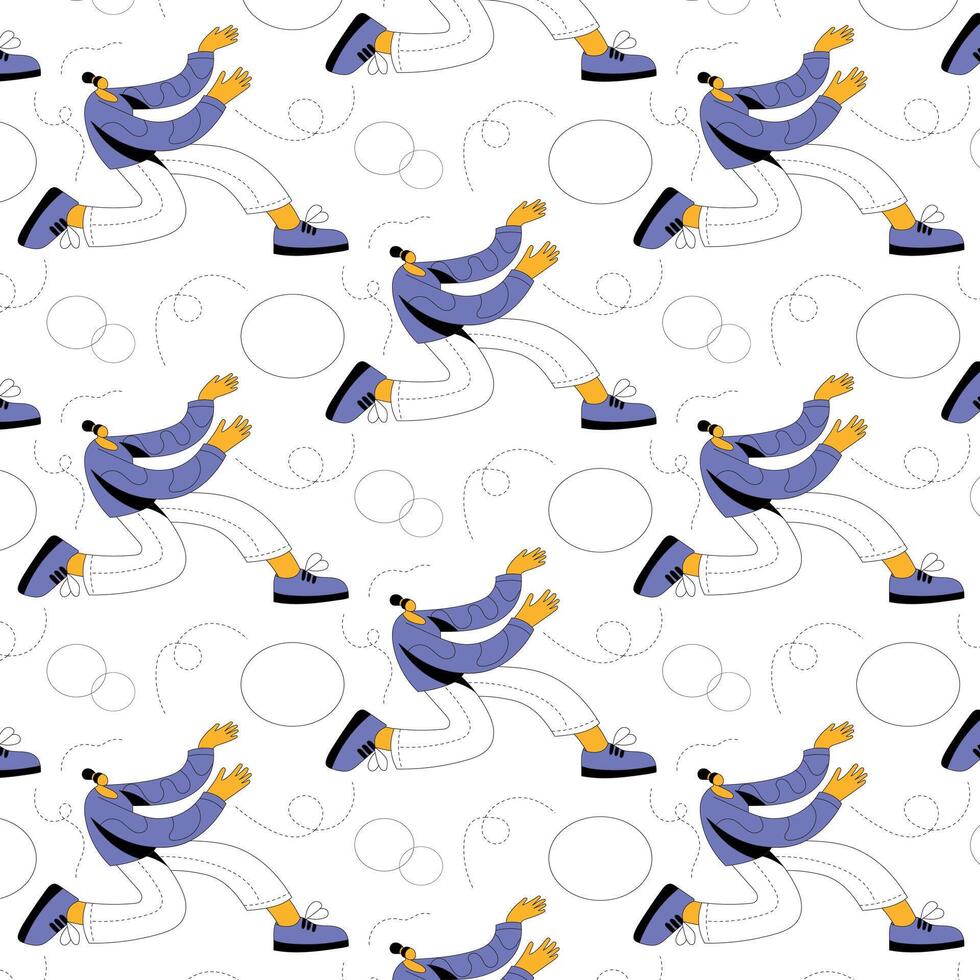 Dynamic flat illustration of a stylized figure in motion, showcasing energetic running poses with playful circular elements in a vibrant pattern design for creative projects vector