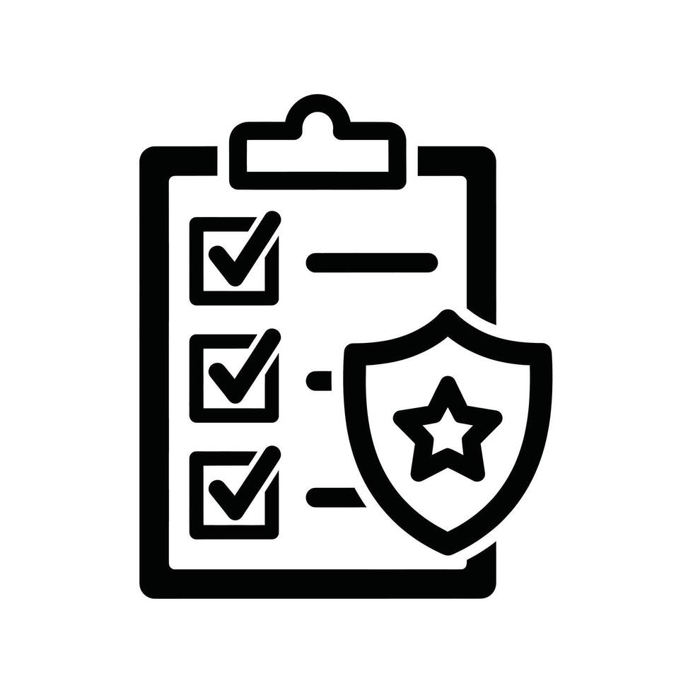 Illustration of clipboard checklist with shield and star icon, symbolizing security compliance and regulatory standards adherence vector