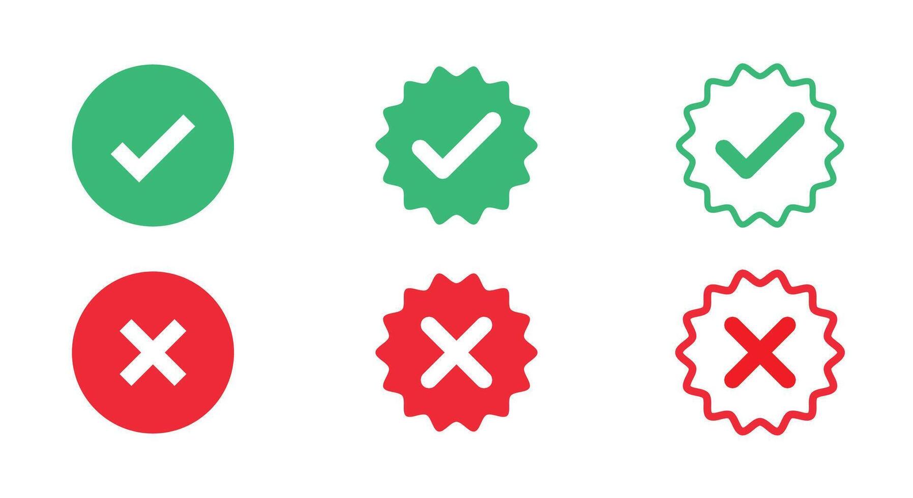 Tick and cross mark set with zigzag effect isolated on white background vector