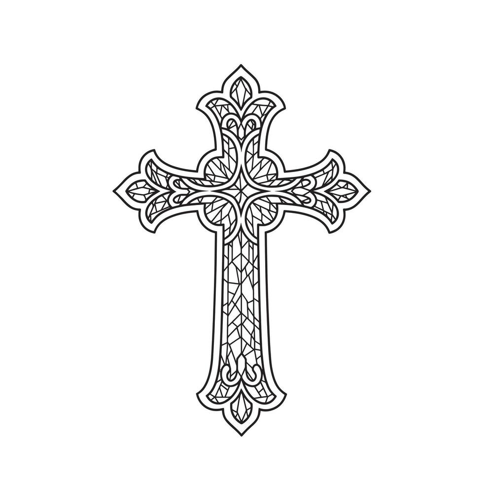 An elaborate cross is displayed with ornate details and an intricate geometric pattern filling its interior, making it suitable for religious or decorative use. vector