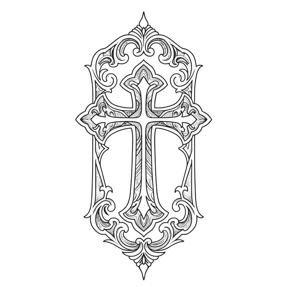 An elaborate cross is surrounded by decorative filigree patterns, creating a visually striking element suitable for religious or artistic purposes. vector