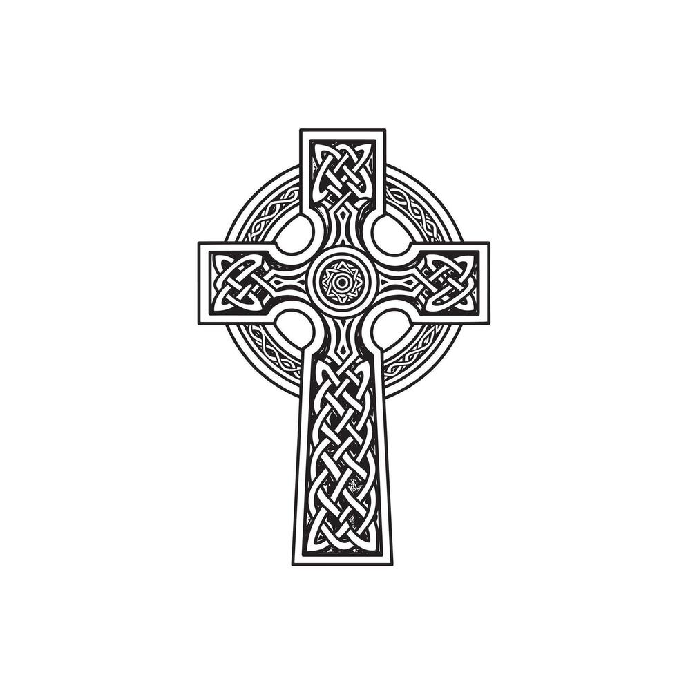 An intricate Celtic cross design features detailed knot patterns on a white background, ideal for tattoos and graphic applications. vector