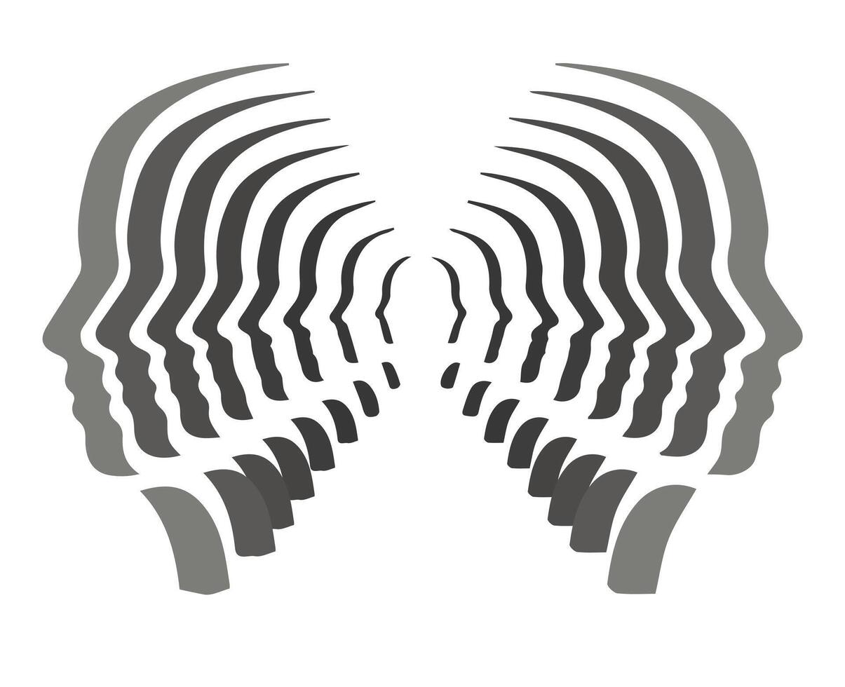 Optical Illusion Faces. Creative optical illusion artwork showing repeating human head silhouettes in grayscale converging toward center symbolizing thought unity and perception vector