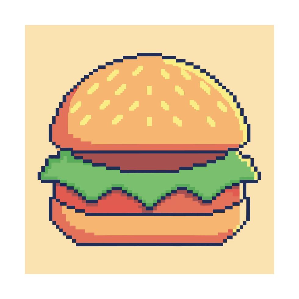 Pixelated 8 bit hamburger with lettuce tomato a light yellow 8bit retro vector