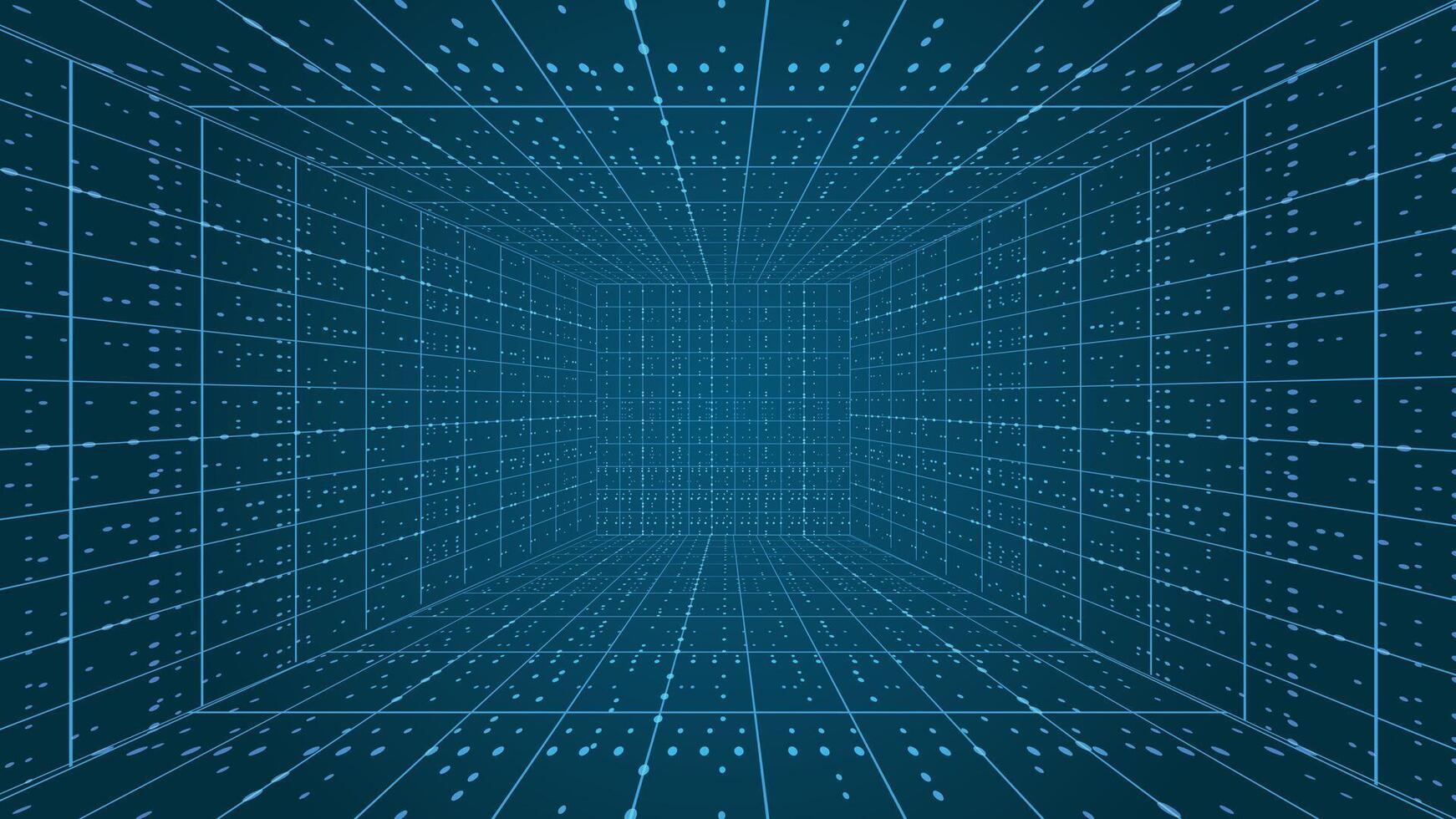 Abstract 3D digital tunnel with glowing blue grid and dots, perfect for cyber, futuristic, modern technology, data, innovation, and virtual themed design projects vector