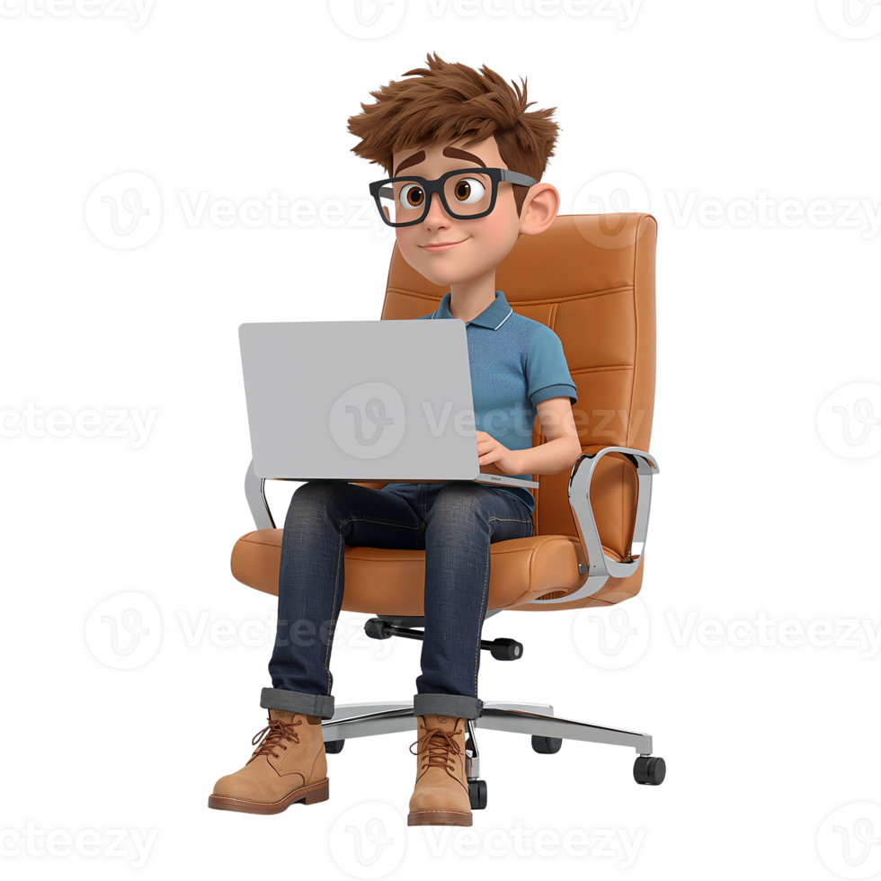 entusiasta cartone animato programmatore assorto nel codifica su il suo il computer portatile mentre seduto su ergonomico sedia png