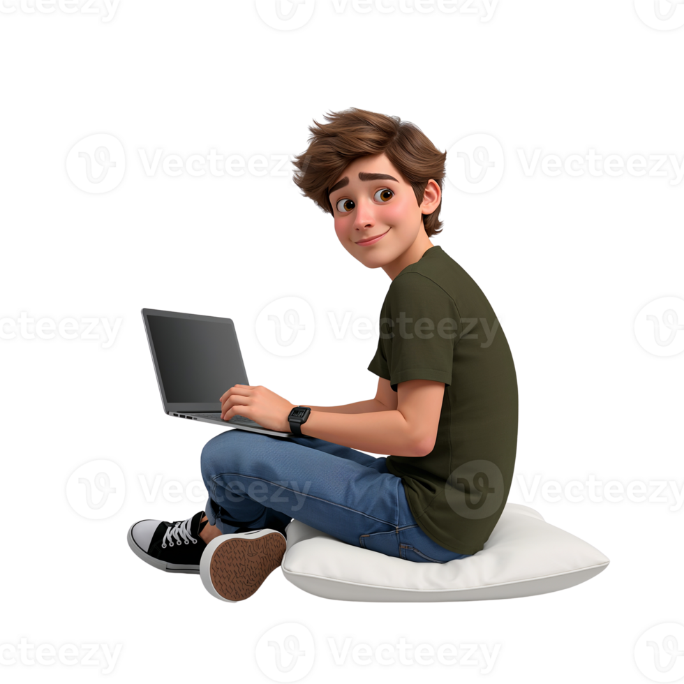 Animated character working on a laptop isolated on transparent backdrop with a curious expression png