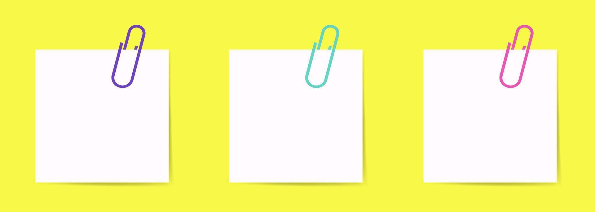 Colored paper clip with blank white note paper. White sheet for your message or adding more text. illustration vector