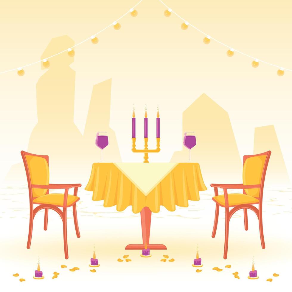 Elegant dinner setup with wine candles petals and string lights on a rooftop. illustration vector