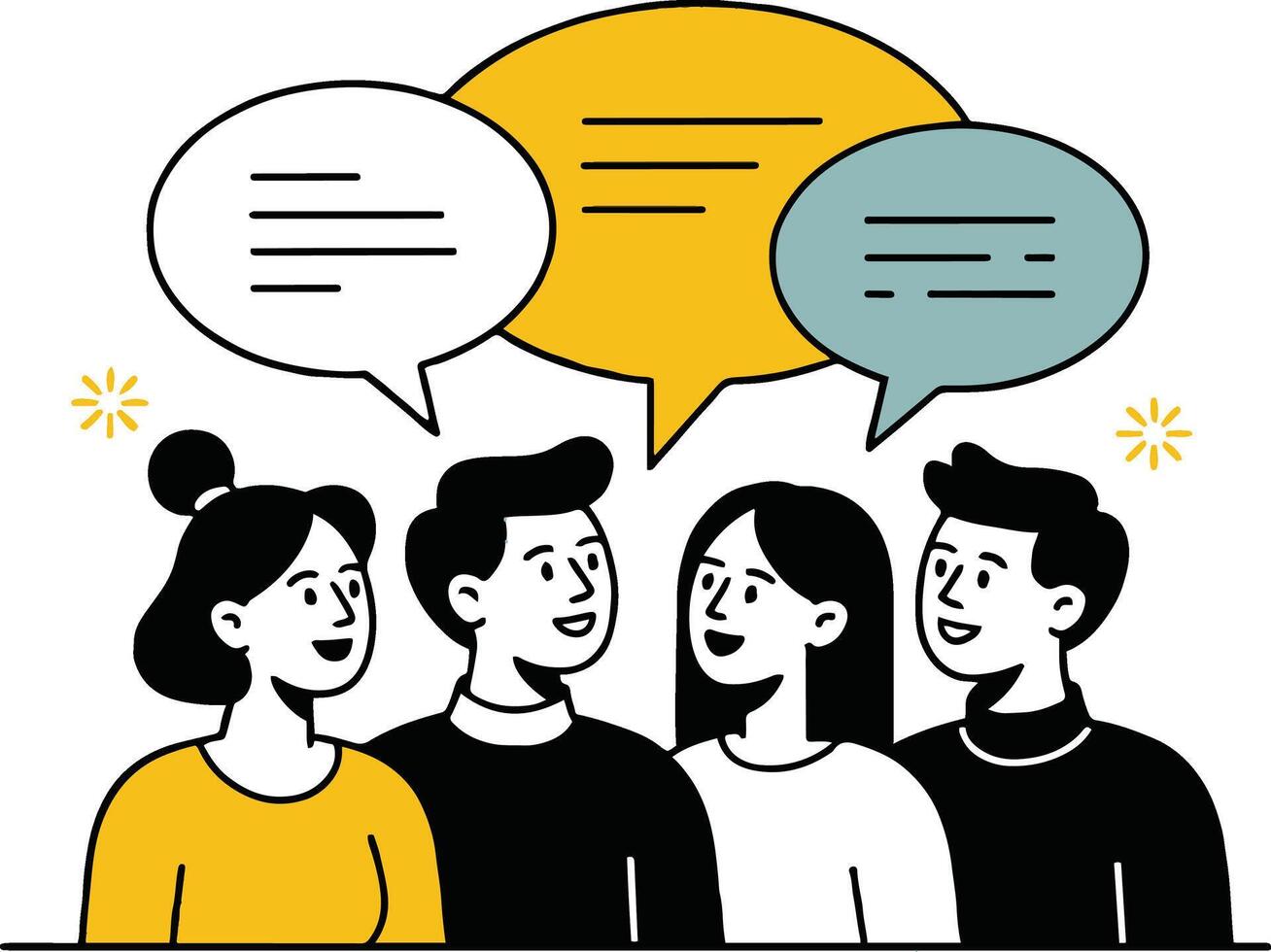 Art of diverse group of people communicating with speech bubbles, symbolizing teamwork, discussion, and social interaction in a minimalist and modern design vector
