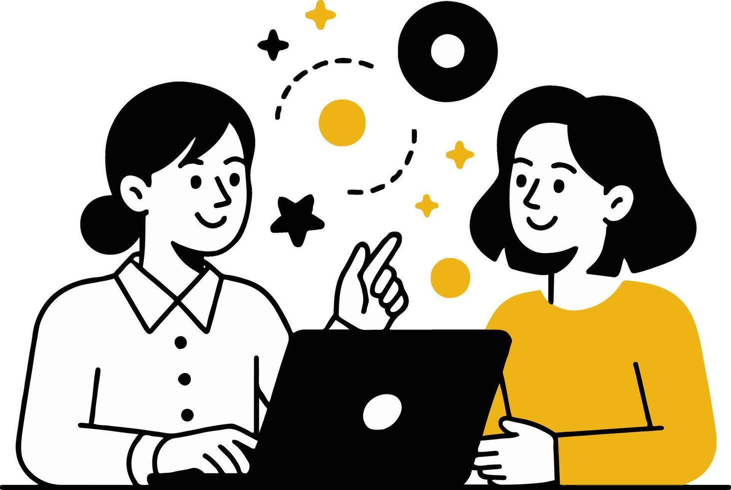 Art of two businesswomen collaborating on a laptop, , discussing ideas and strategies for a successful project in a modern office setting, flat design style vector