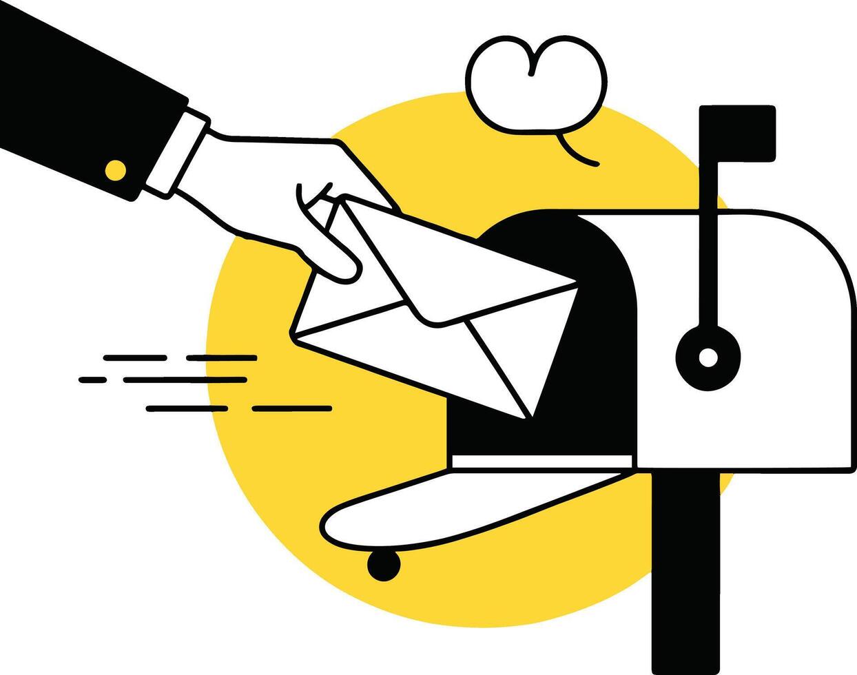 Art of a hand is placing an envelope into a white mailbox with a yellow circle behind it, representing sending and receiving mail, communication, and postal services vector
