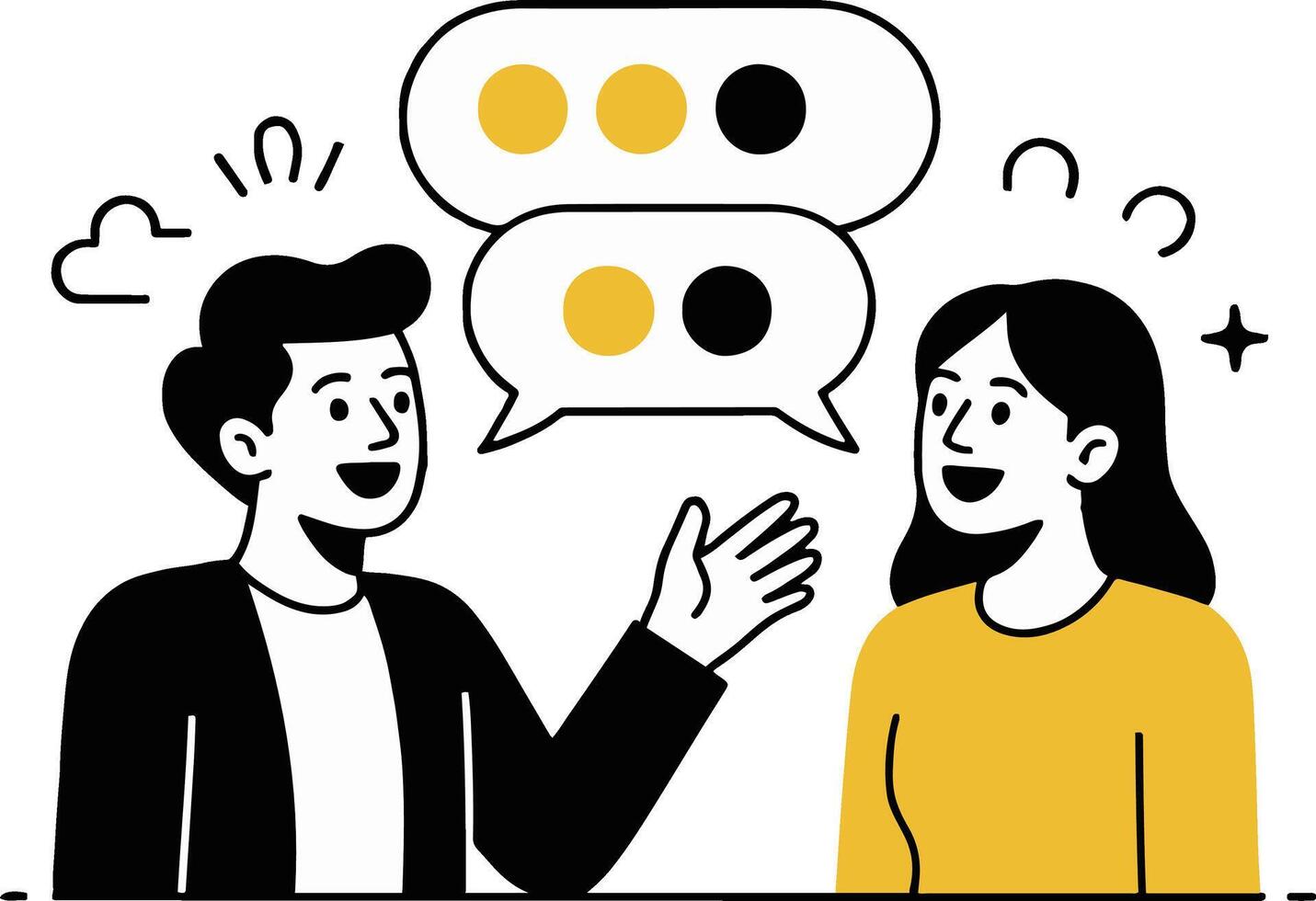 Art of of a man and a woman having a conversation, with speech bubbles above their heads, representing communication and exchange of ideas in a simple and modern style vector