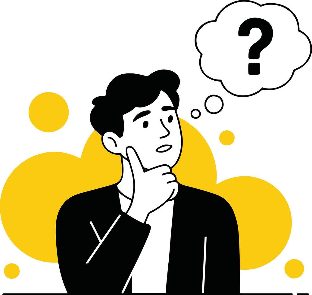 Art of a man is thinking with a question mark in a thought bubble, he is contemplating a problem and searching for a solution in a modern style vector