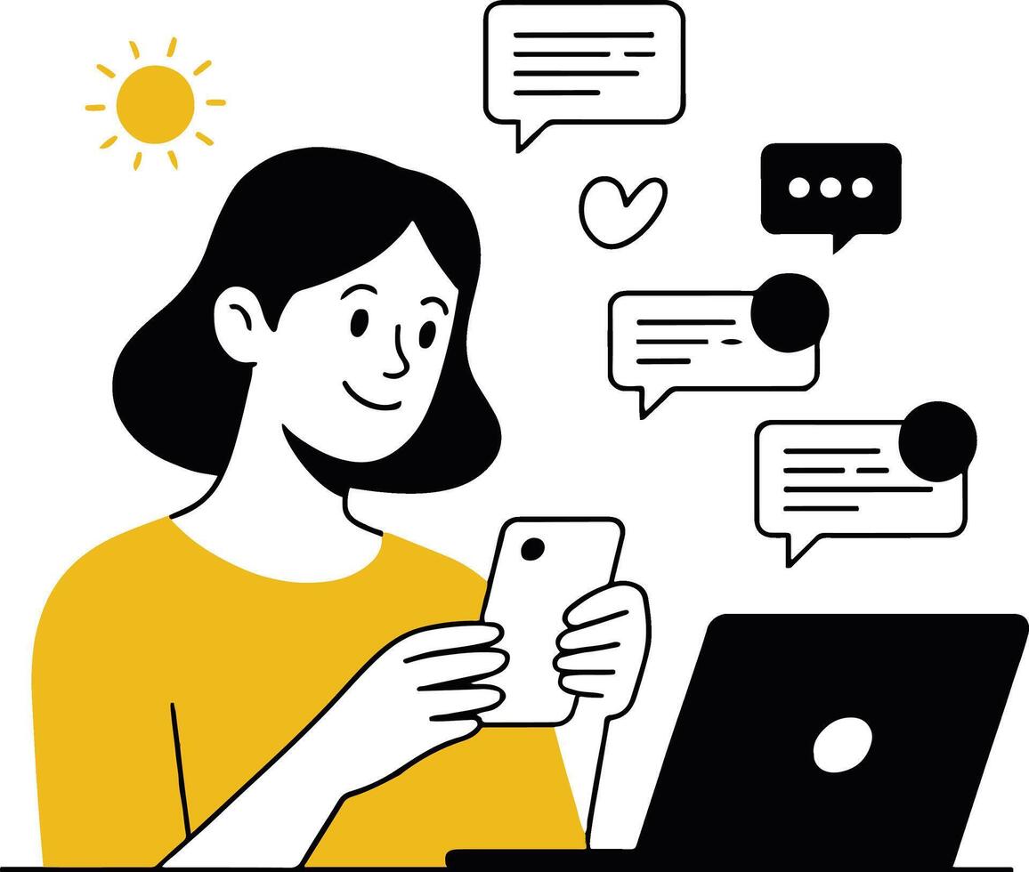 Art of a woman is using her phone and laptop to communicate with others through online messaging, chatting, and social media, she is surrounded by message bubbles vector