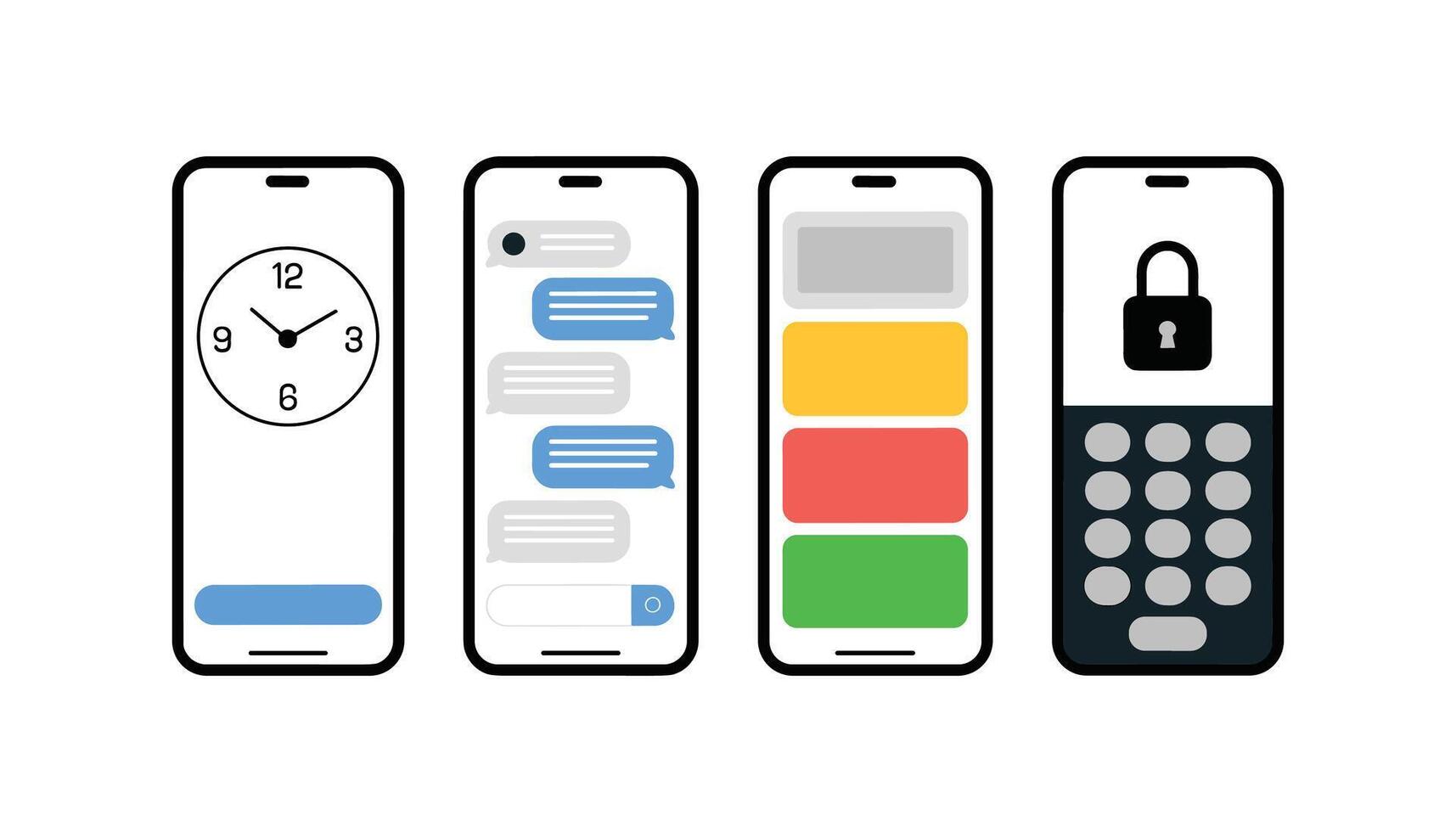 Smartphone icon set with clock, chat messages, notifications, and security lock screen, mobile technology illustration for apps, communication, digital devices, online connection. vector
