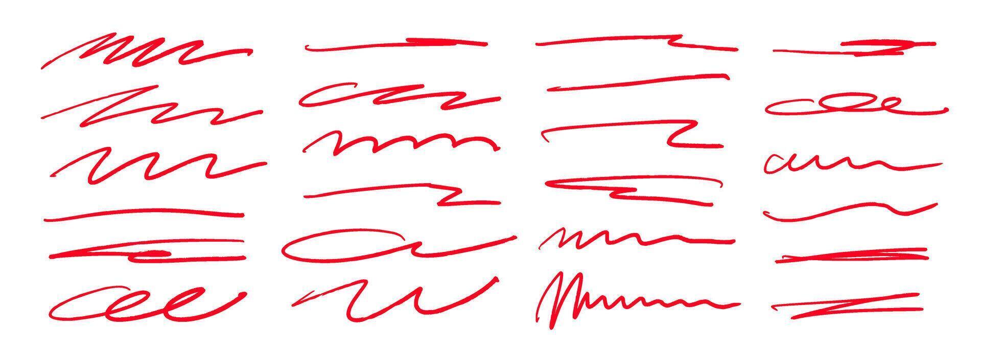 Red hand drawn brush strokes set. Sketched doodle scrawl lines collection. Zig zag, wavy squiggle scribble stripes pack. Red marker note signs for mark, emphasis, accent, highlight. vector