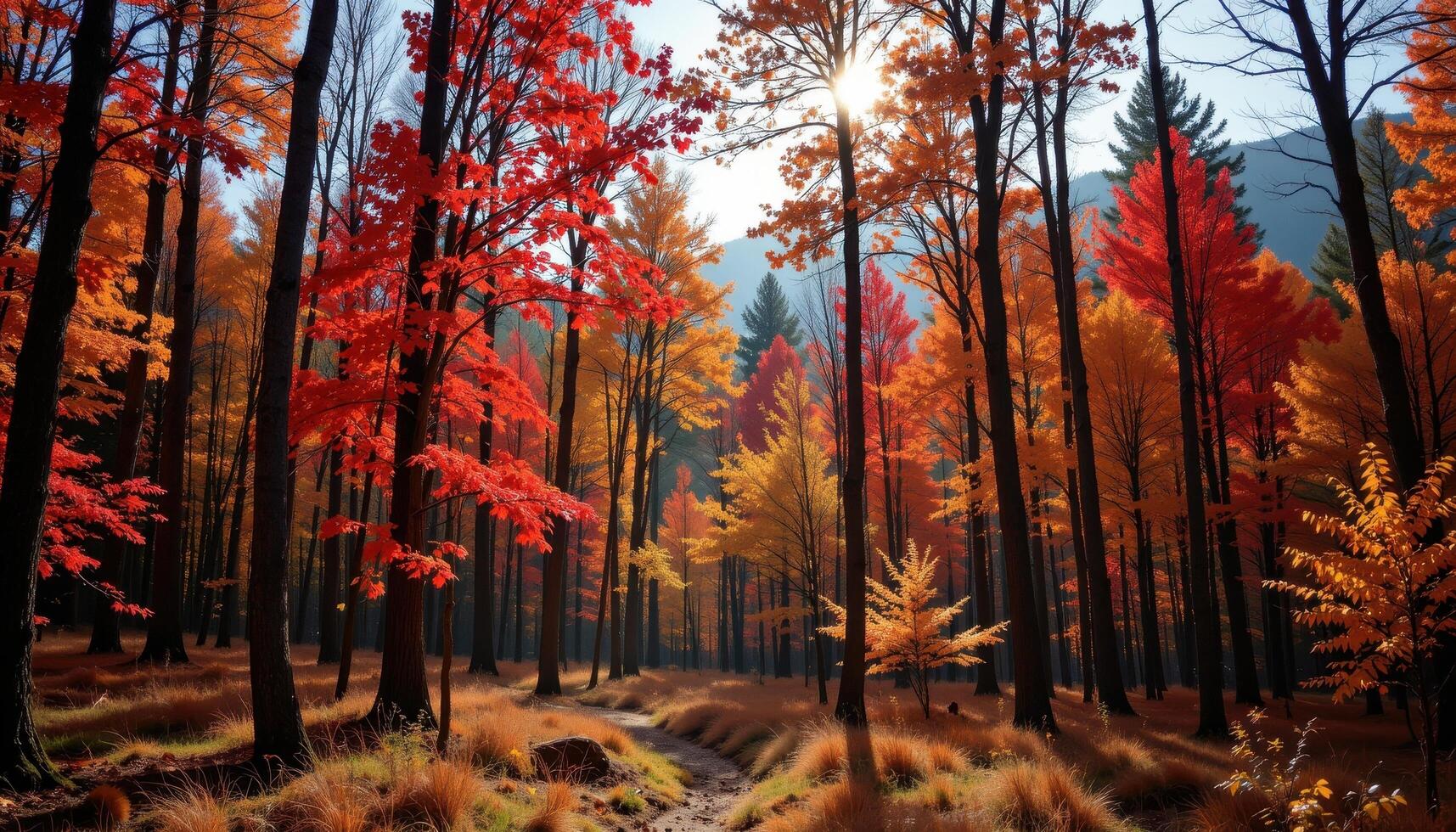 a forest in autumn with sunlight filtering through tall red and gold trees, casting gentle shadows. photo