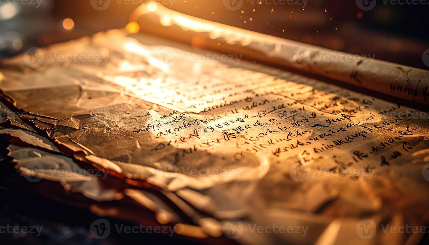 Aged parchment scrolls, illuminated by warm light, display ancient script, showcasing the texture and faded tones of time. photo
