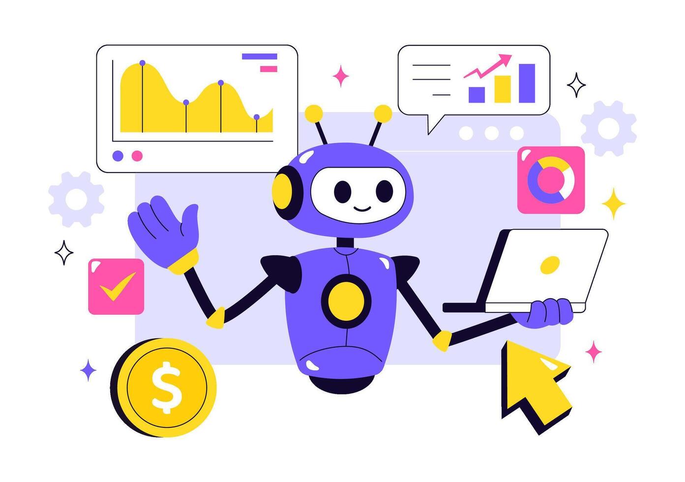 AI robot with laptop and graphs vector