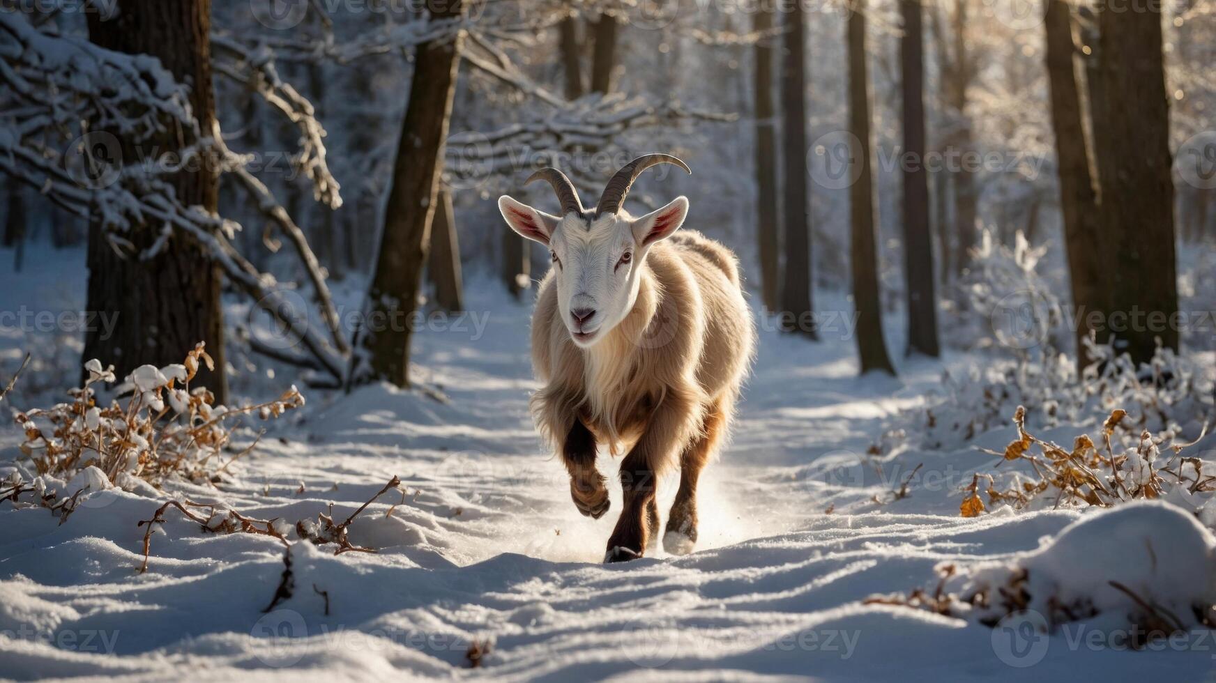 Goat running through a snowy forest path with sunlight filtering through the trees in winter photo