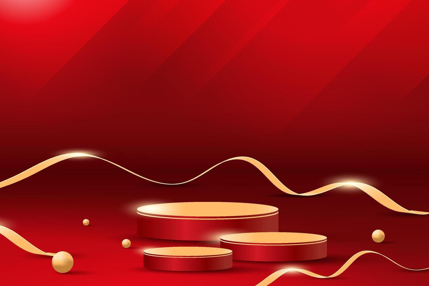Red background with circular platforms and ribbons vector