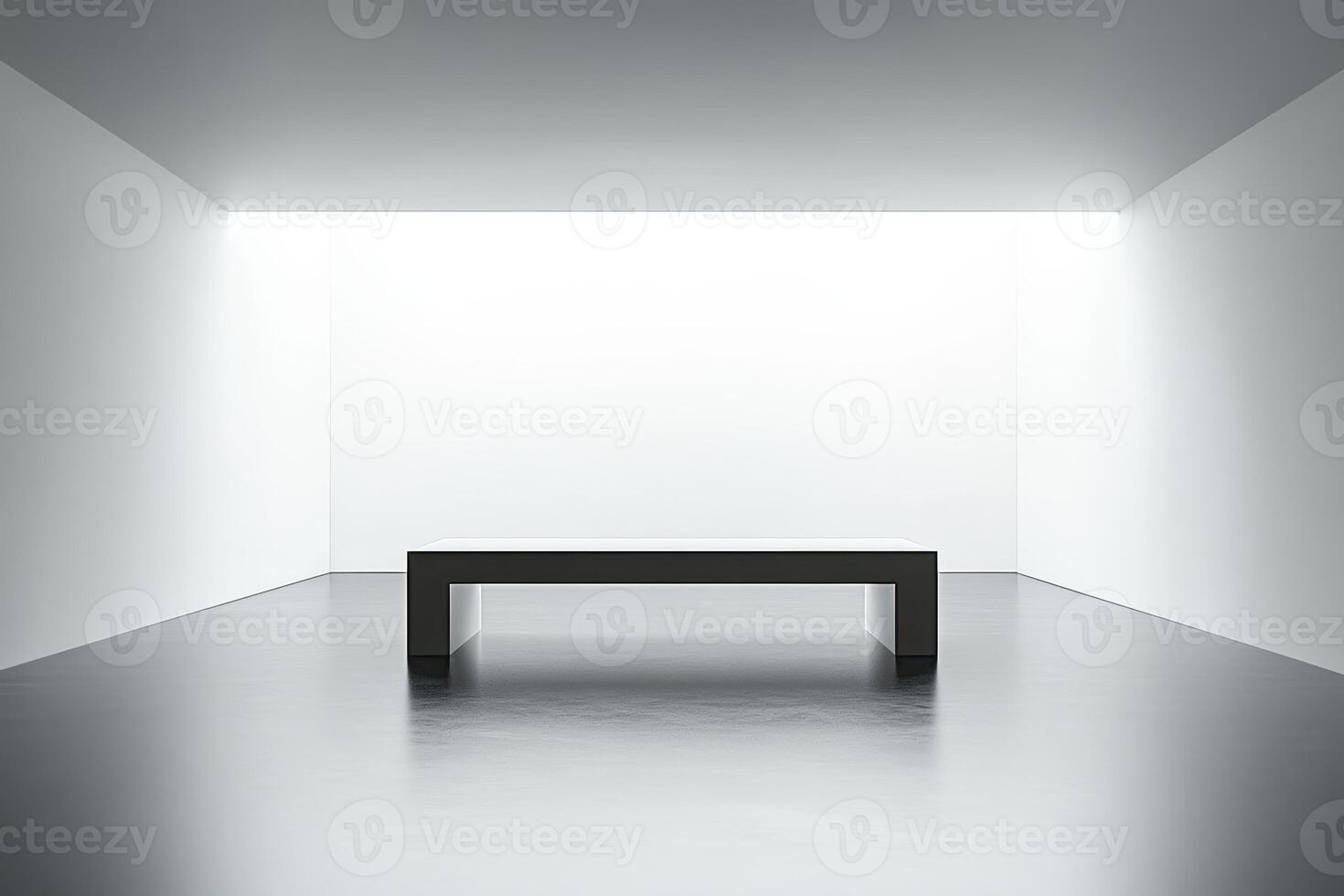 Artistic minimalism in an empty gallery with a stark black table photo
