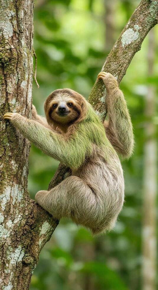 A three toed sloth with algae on its fur clings to a tree trunk in a lush green forest photo
