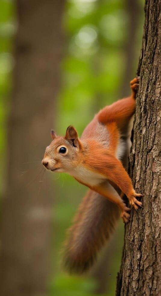 A red squirrel clings to the bark of a tree trunk with a blurred green forest background photo