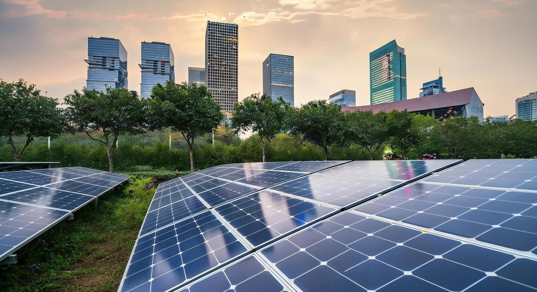 Expansive solar panel array in foreground with modern city skyline and trees in background photo