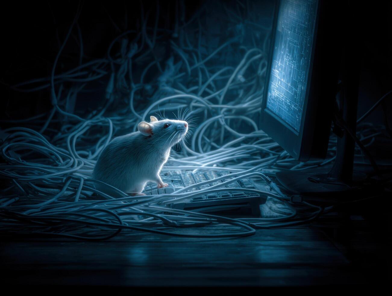 A web of computer cables is navigated by a mouse under a desk photo