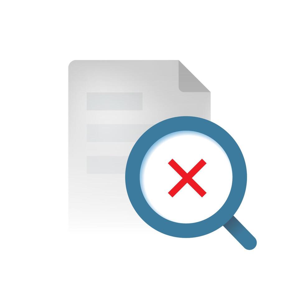 Modern gradient illustration of document silhouette with magnifying glass and cross mark. file not found, no document available, error search result, or missing data concept vector