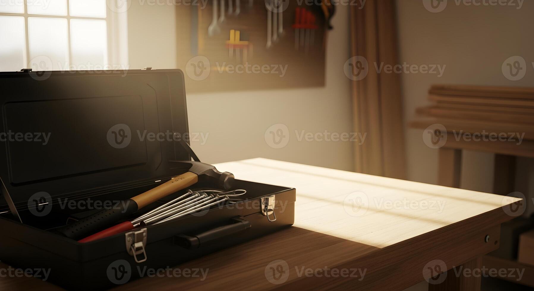 Hammer And Nails in toolbox in garage workshop soft shadow photo