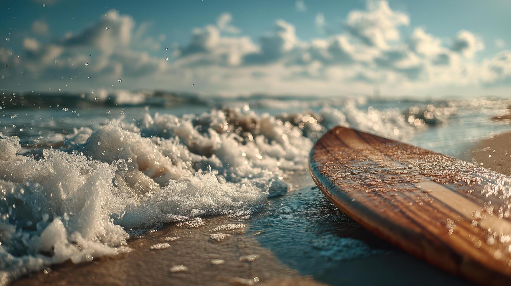 Surfboard on the beach with waves and sky photo
