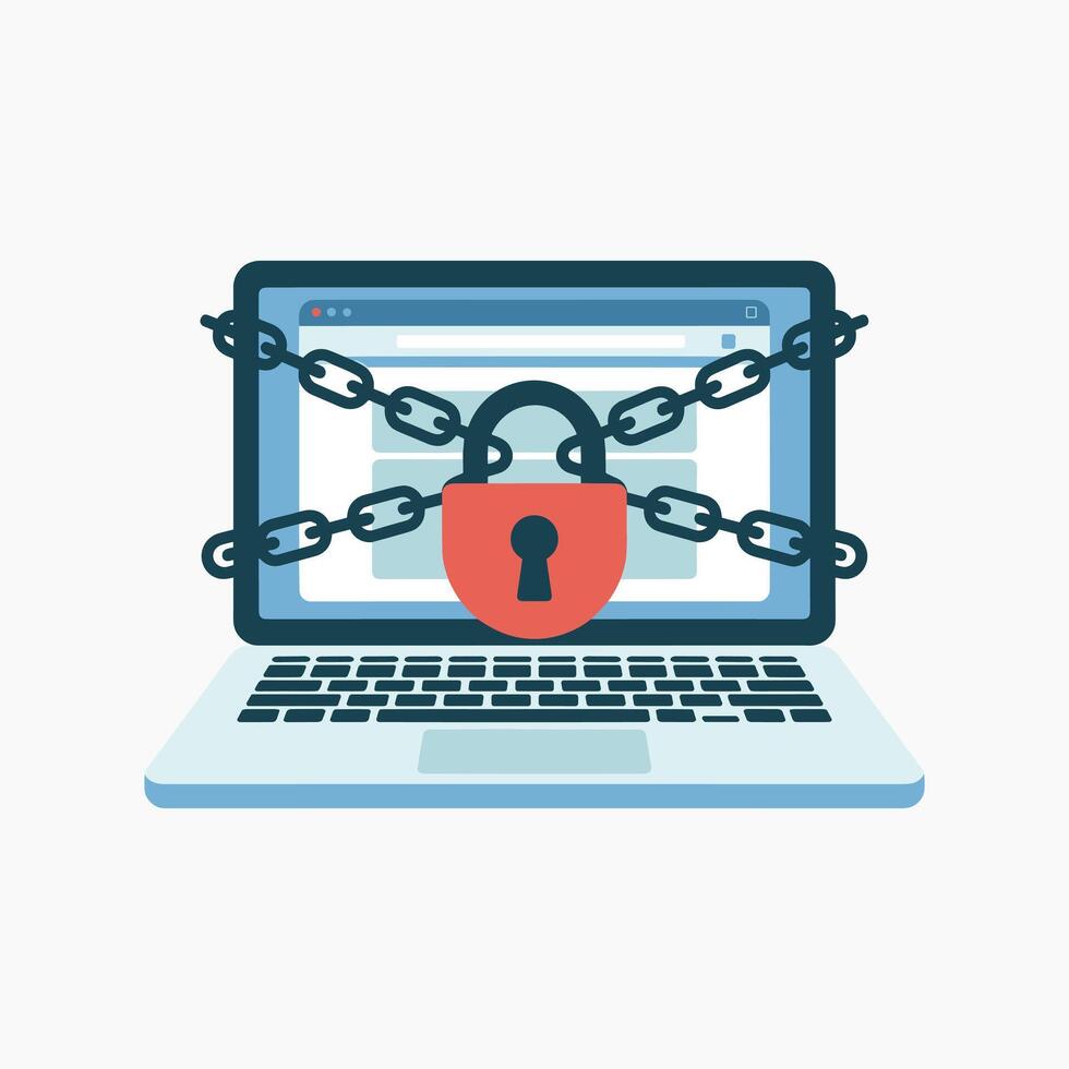 Laptop computer locked with chains and padlock symbol, concept illustration of cybersecurity, internet protection, online data privacy, secure access, information safety, digital security. vector