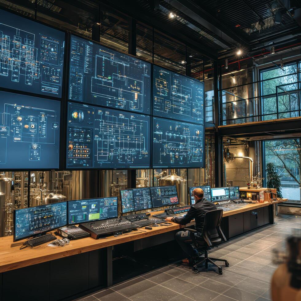 A man is working on a computer in a large room photo