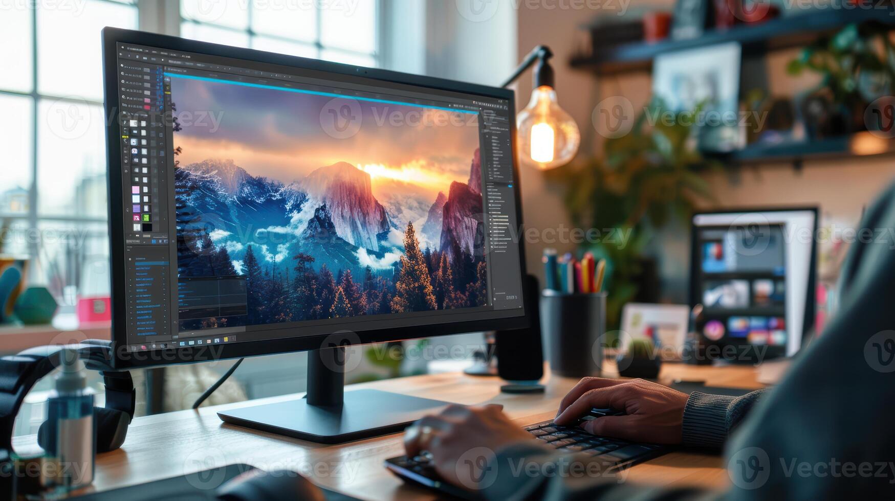 A person is working on a computer with a photo on the screen