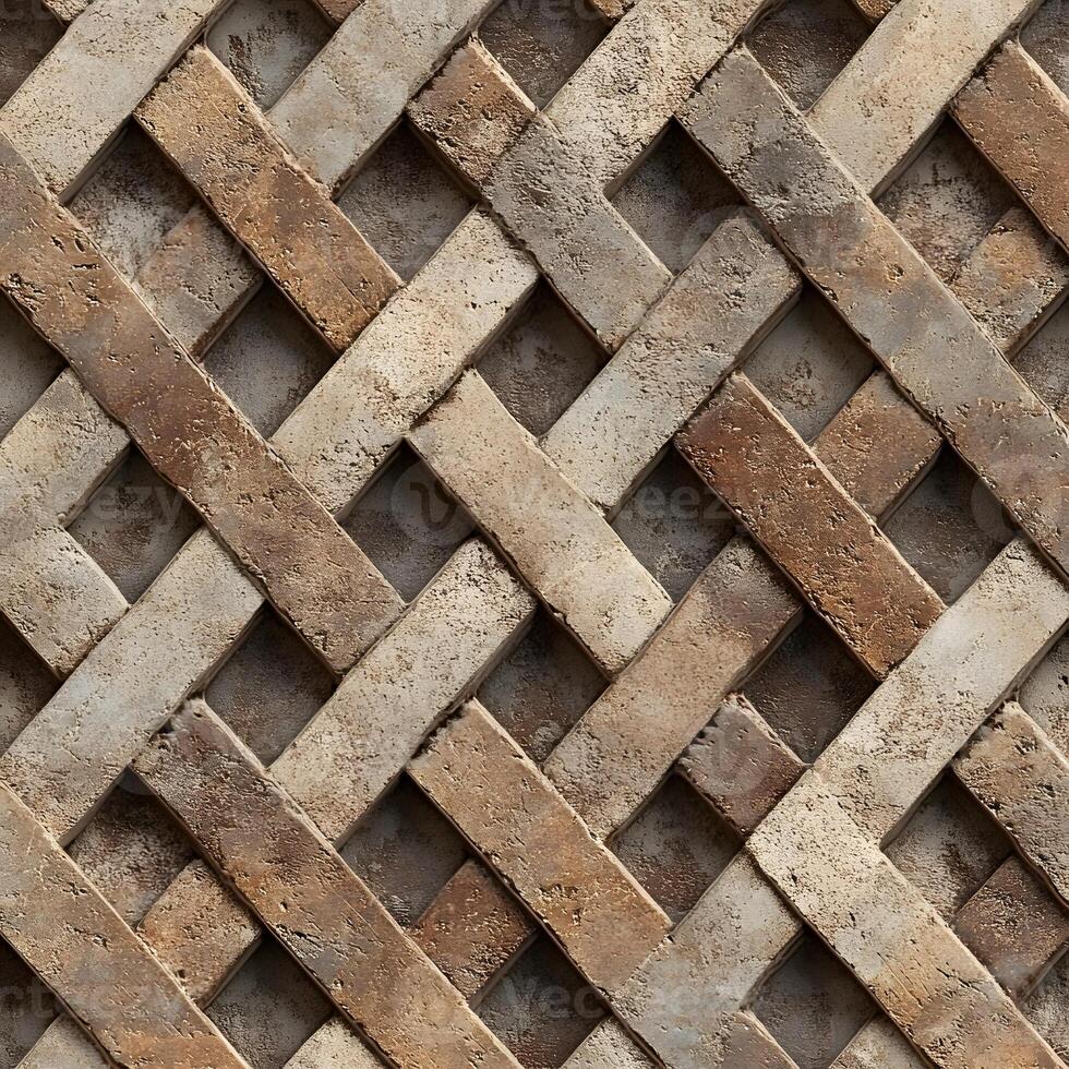 Interwoven rectangular bricks create a geometric pattern texture with a weathered vintage background effect. photo