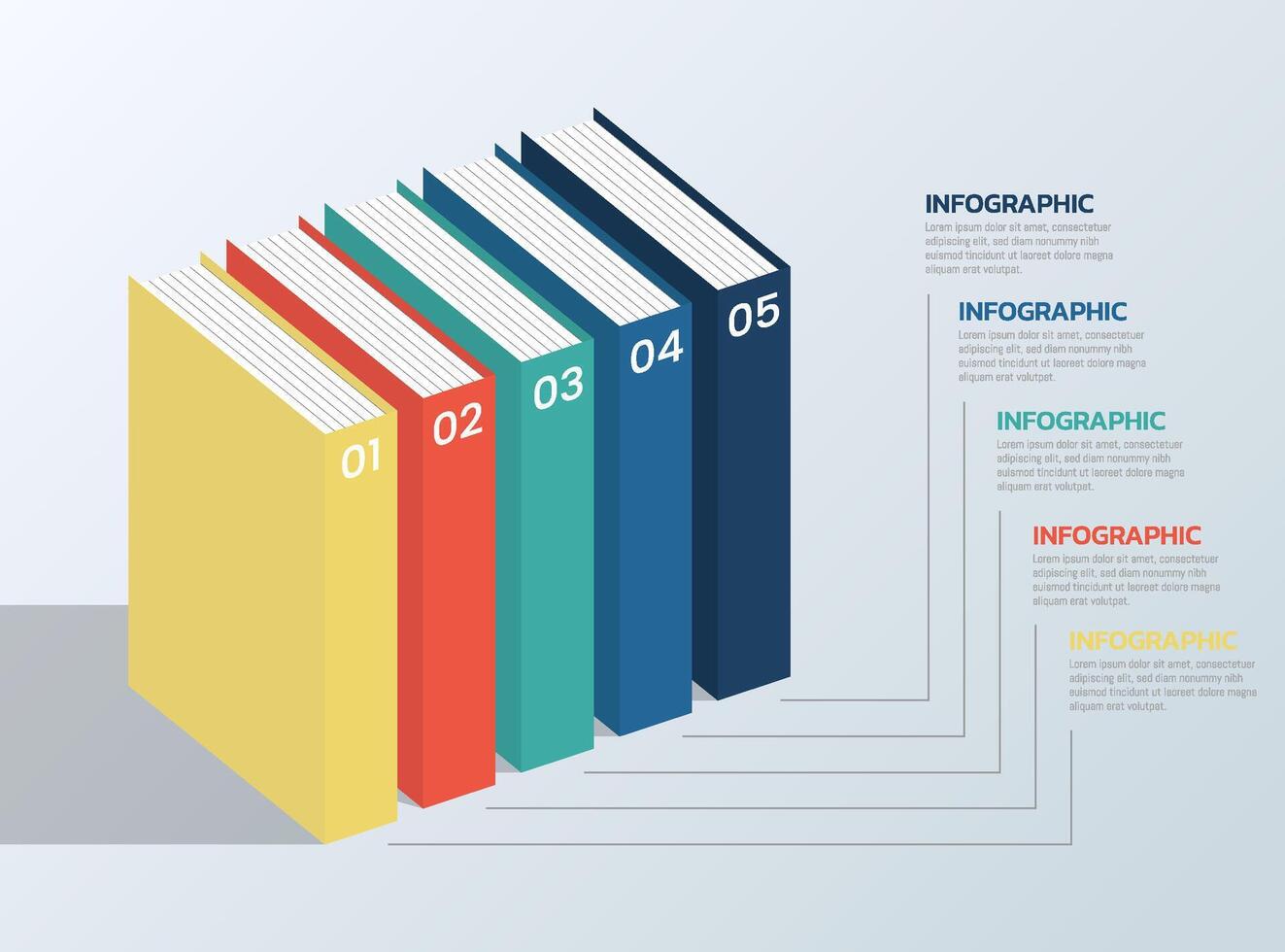 Design of a 5-color 3D book infographic template according to the presentation steps. vector