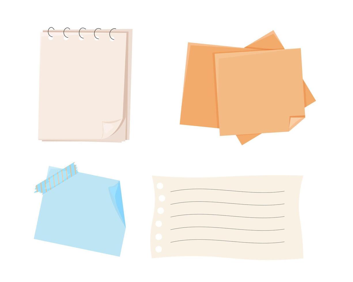 Note papers set, memo pages with paper clip and adhesive tape. Set sticky remind blanks, sheets, stickers. Checklist ripped torn edge paper. vector