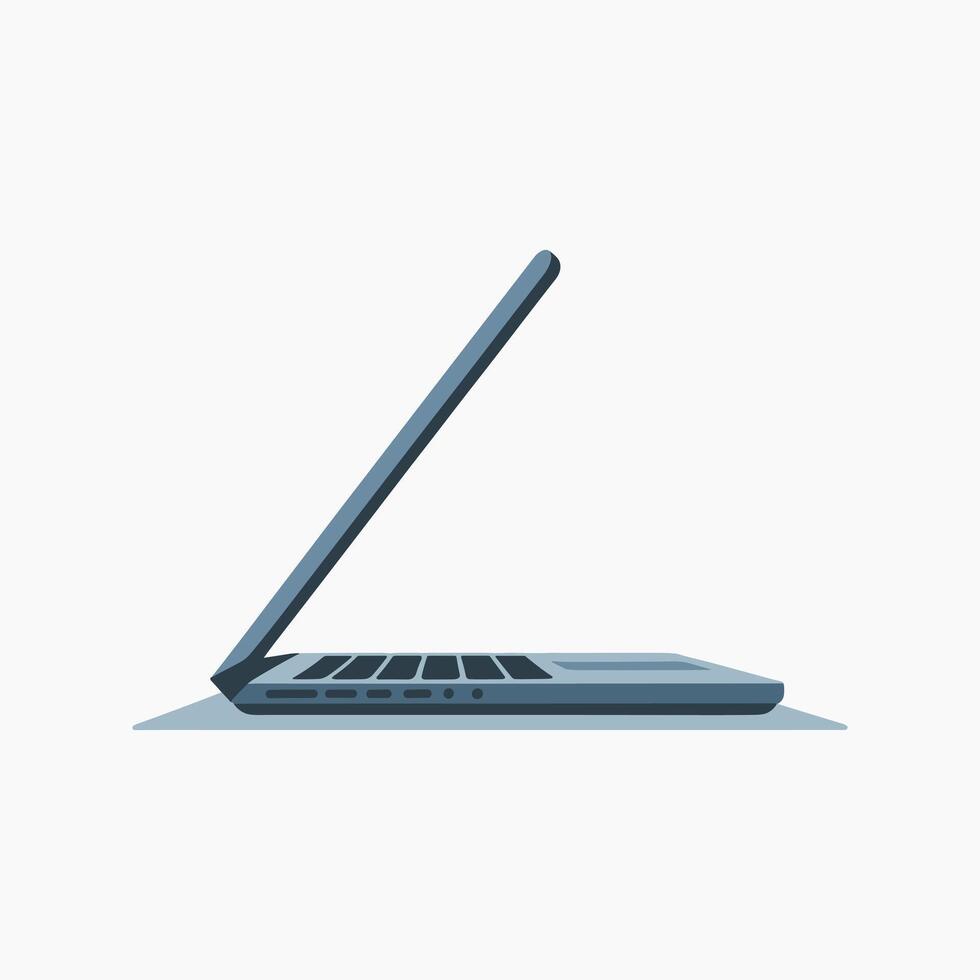 Modern laptop illustration half open, portable computer design, digital technology device, online communication, business work tool, office equipment, remote work gadget . vector