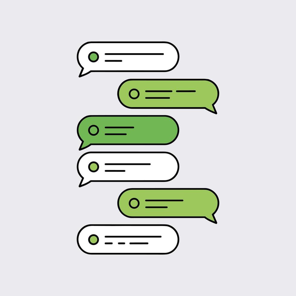 Chat bubbles illustration with green and white message boxes, digital communication design, online texting concept, mobile conversation, social media messaging, chatbot graphic. vector