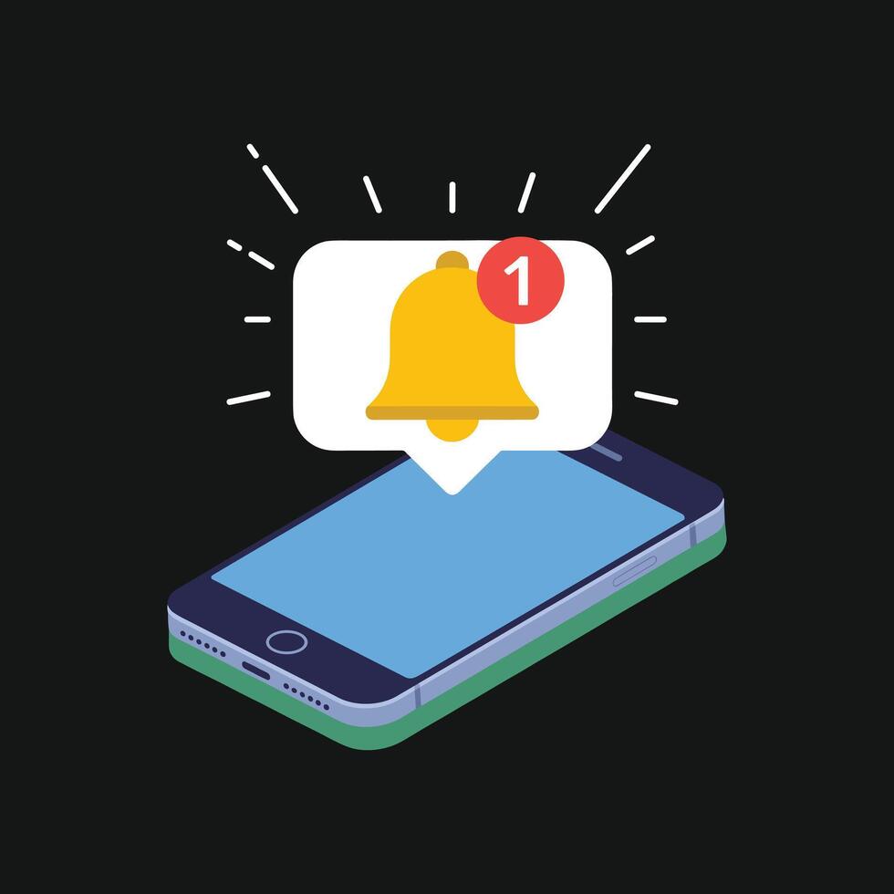 Smartphone with new notification alert illustration, mobile phone reminder icon, push message, social media communication, digital technology, app design, online connection vector